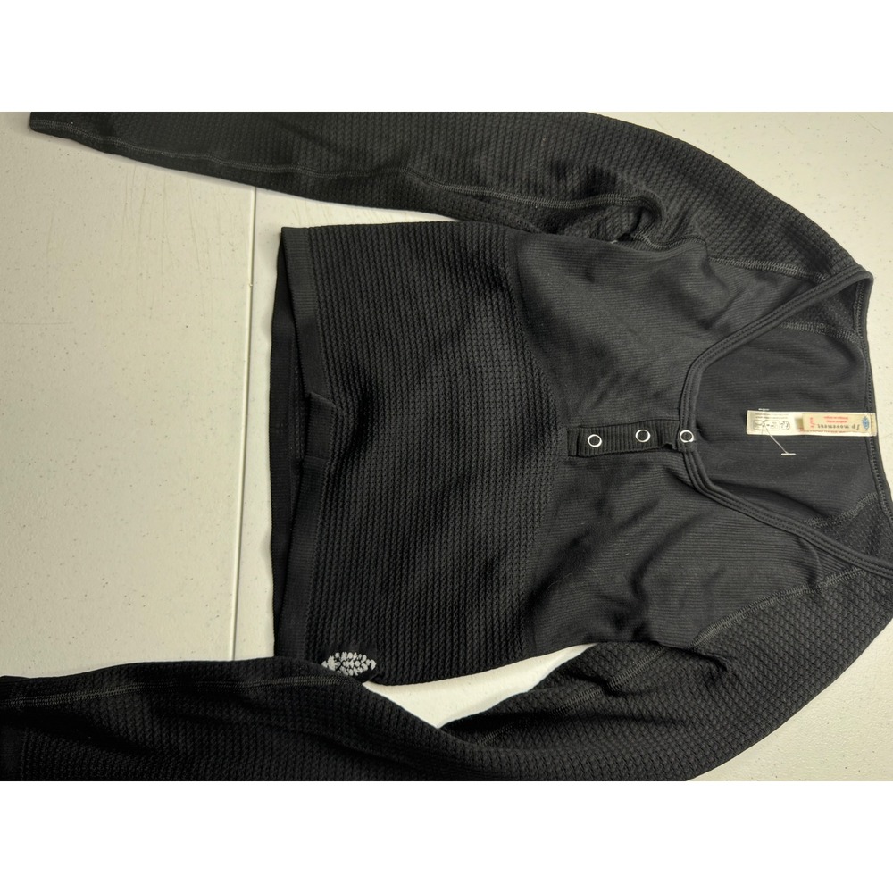 FP Movement Free People Black Textured Henley Long Sleeve Cutout Back Top XS/S